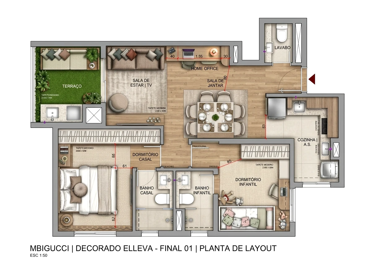 Planta do apartamento de 67m²